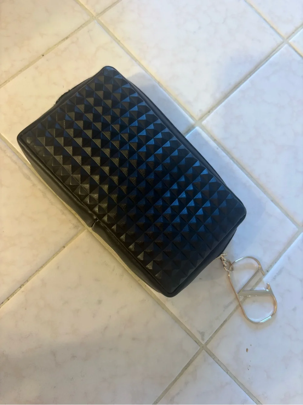 Valentino Black Quilted Rockstud Zip Card & Key Holder with Gold V Charm
